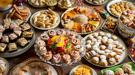 Traditional Moroccan sweets like Chebakia, Sellou, and Kaab el Ghazal arranged on a decorative tray, highlighting their intricate designs and vibrant colors.