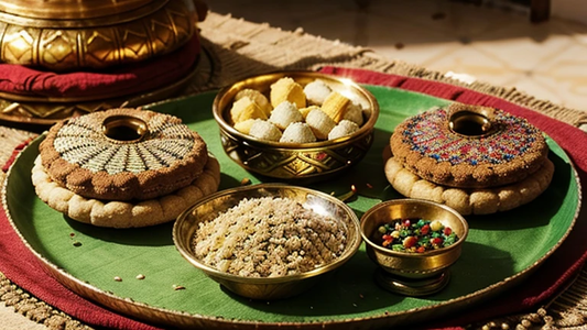 Traditional Moroccan sweets like Chebakia, Sellou, and Kaab el Ghazal arranged on a decorative tray with vibrant colors and Moroccan textiles.