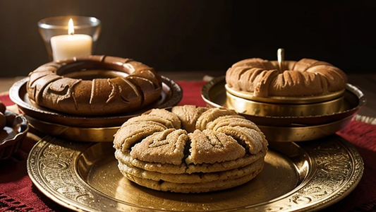 Traditional Moroccan almond-based pastries such as Kaab el Ghazal, Sellou, and Ghriba arranged beautifully on a decorative Moroccan tray, showcasing intricate shapes and vibrant colors.