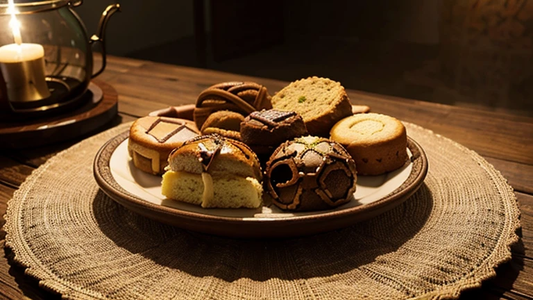 Traditional Moroccan pastries like Chebakia, Sellou, and Kaab el Ghazal beautifully arranged on a decorative Moroccan tray, showcasing their intricate designs and vibrant colors.