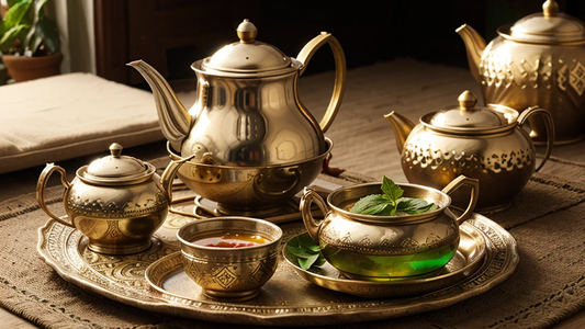 A Moroccan tea set with fresh mint leaves, a traditional teapot, and small glass cups, accompanied by a selection of Moroccan sweets like Chebakia, Kaab el Ghazal, and Briouats on a decorative tray.