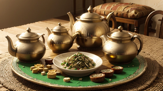 A collection of traditional Moroccan sweets including Chebakia, Kaab el Ghazal, and Sellou, beautifully arranged on a Moroccan-inspired platter, with mint tea in the background.