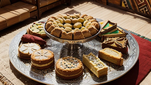 Traditional Moroccan pastries including Chebakia, Kaab el Ghazal, Briouats, and Ma'amoul arranged on a decorative Moroccan tray with tea glasses and a silver teapot, showcasing the rich textures and flavors of Marrakech's desserts.