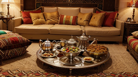 Traditional Moroccan pastries including Chebakia, Kaab el Ghazal, Briouats, and Ma'amoul arranged on a decorative Moroccan tray with tea glasses and a silver teapot, showcasing the rich textures and flavors of Marrakech's desserts.